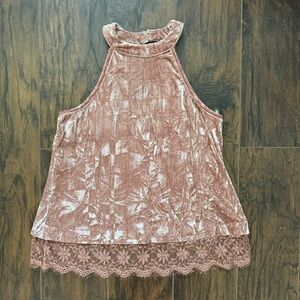 Miami Small Pink Crushed Velvet Lace Trimmed Halter Tank Top